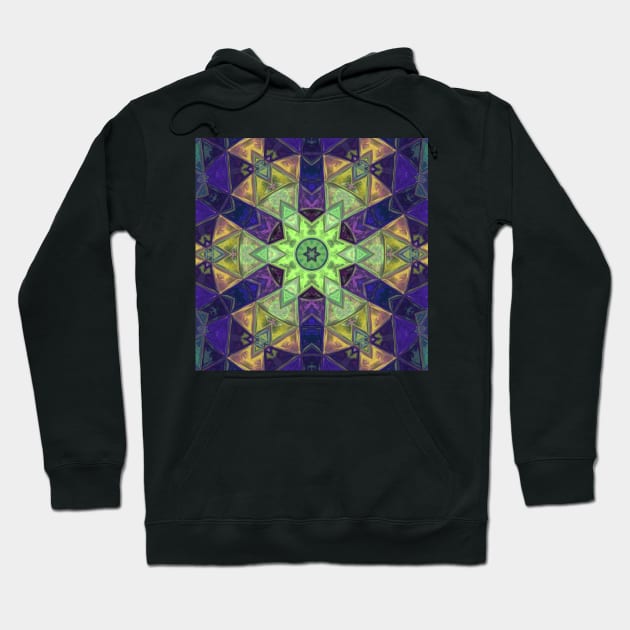 Mosaic Kaleidoscope Flower Green Purple and Yellow Hoodie by WormholeOrbital